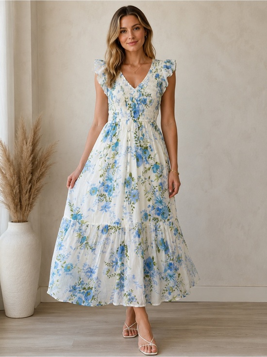 Joie Dresses & Skirts - Joie Medium Blue Floral Smocked Maxi Dress NWT Cottagecore